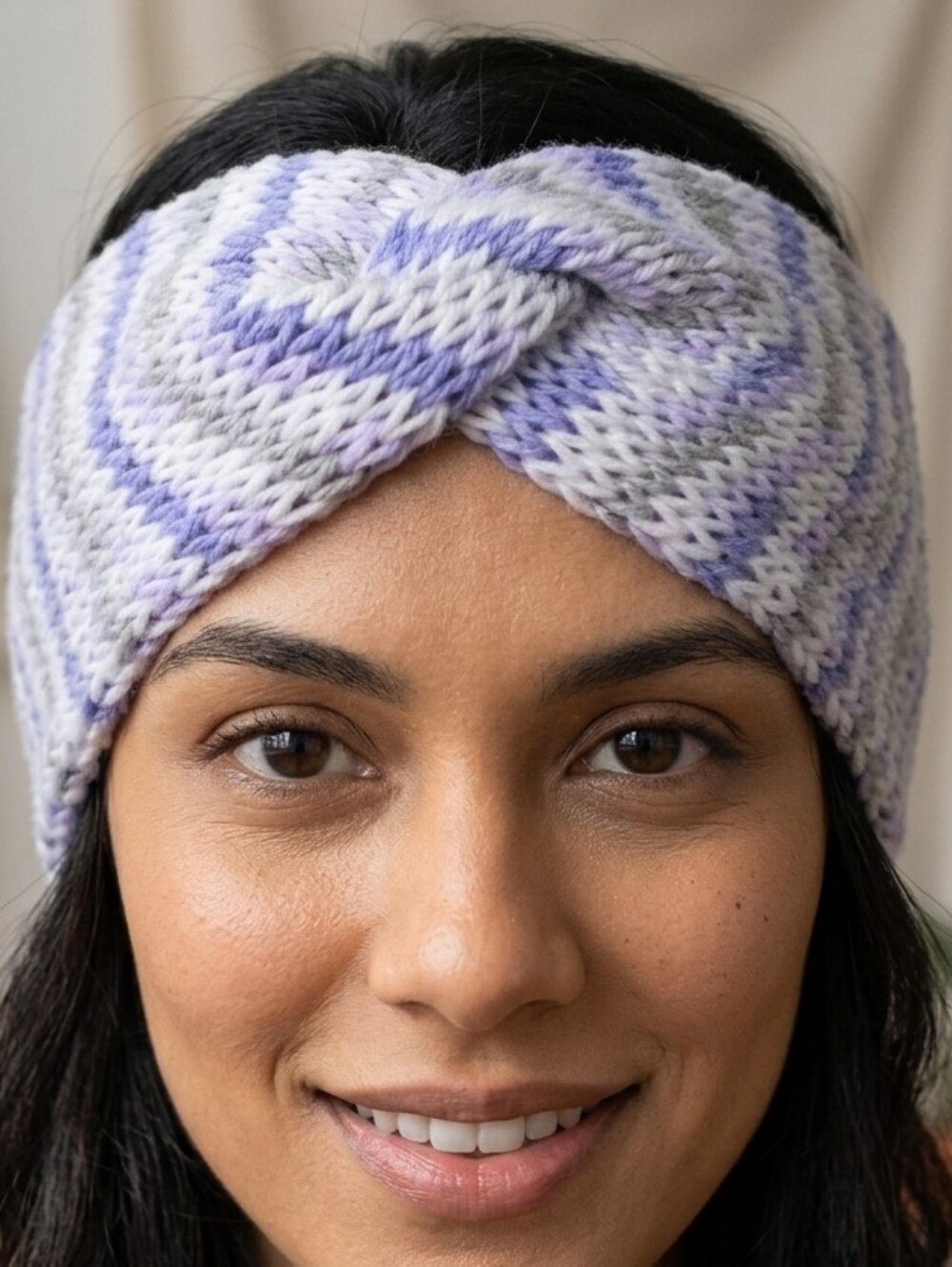 One of a Kind Hand Knit Winter Headband White Grey Purple